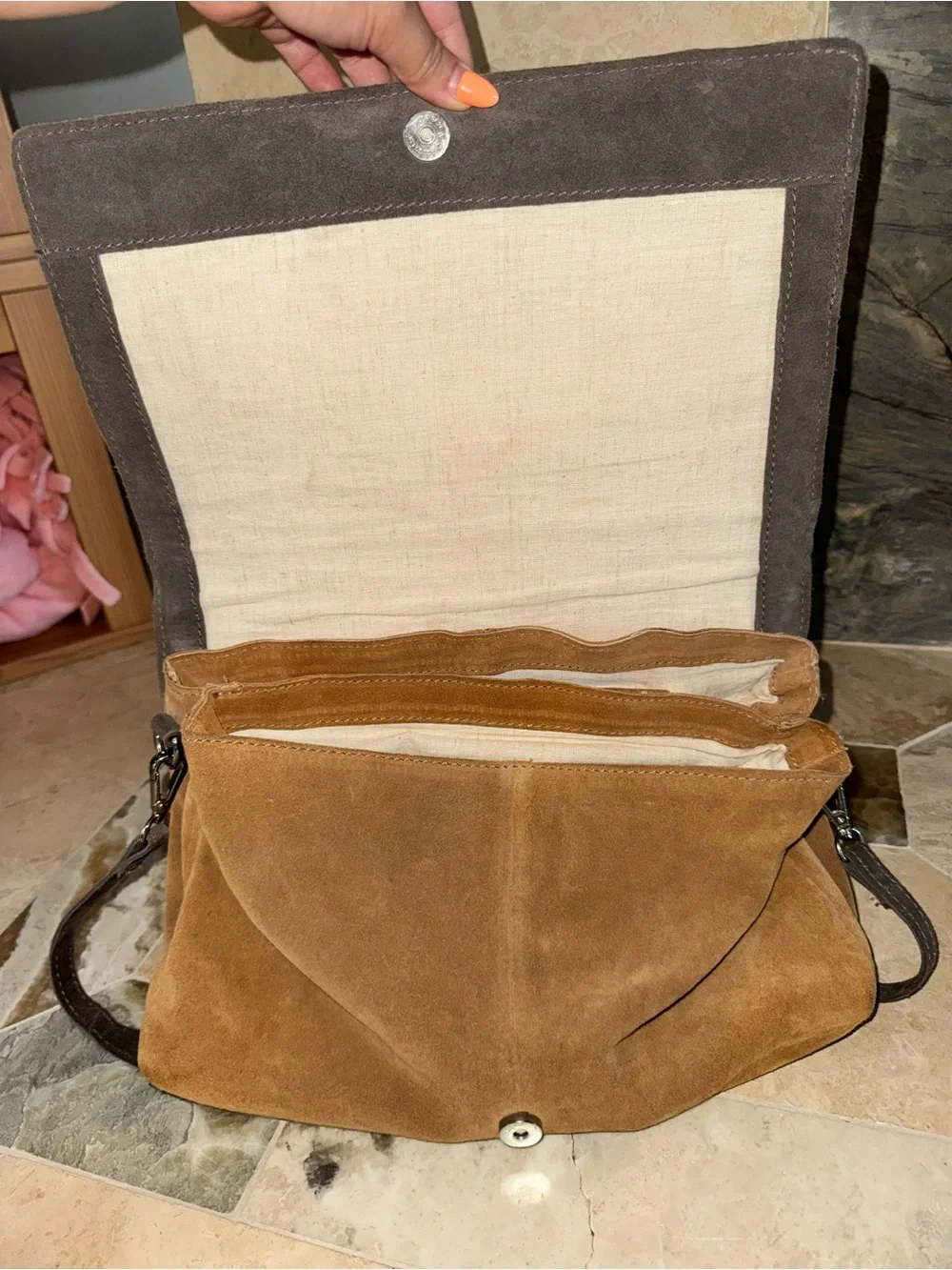 Zara Trafaluc Suede Leather Colorblock Crossbody Messenger Bag Brown Taupe